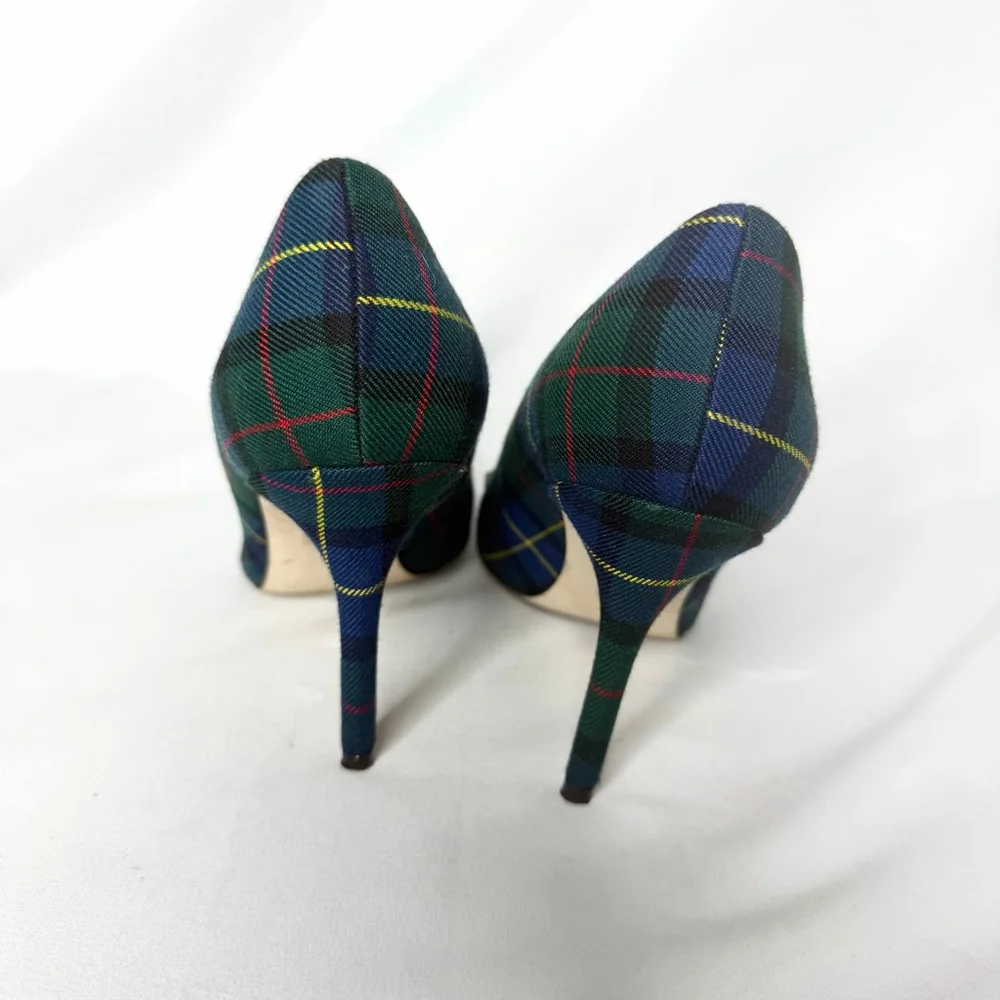 J.Crew Pointed Toe Plaid Embellished Heels Size 9 Blue Green